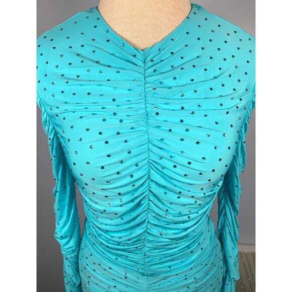 Alex Perry Crystal Embellished Ruched Jersey Long Sleeve Blue Mini Dress Sz 2 - Picture 6 of 13